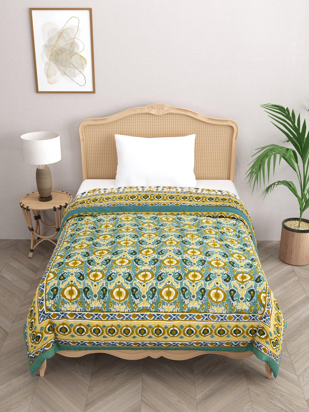 Ikat Printed Reversible Single Bed Cotton Quilt with cotton filling