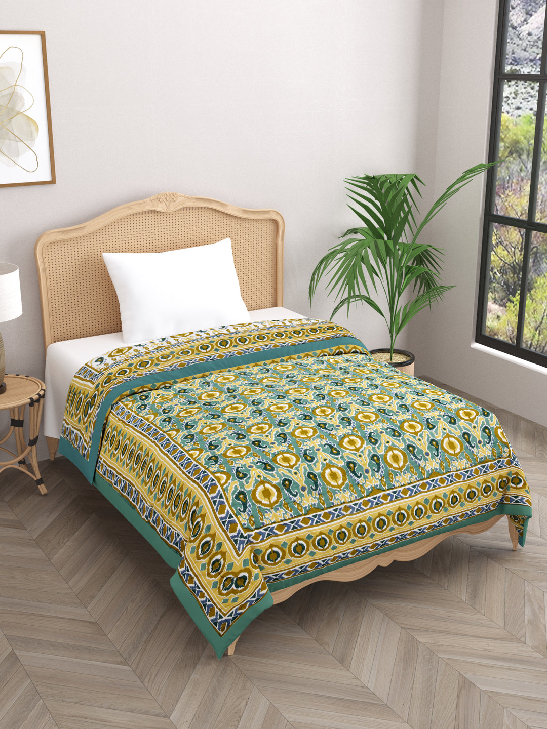 Ikat Printed Reversible Single Bed Cotton Quilt with cotton filling