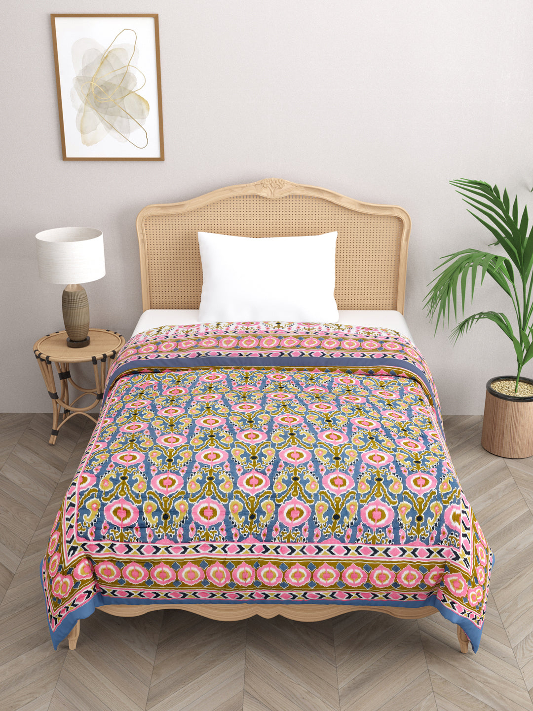 Ikat Printed Reversible Single Bed Cotton Quilt with cotton filling