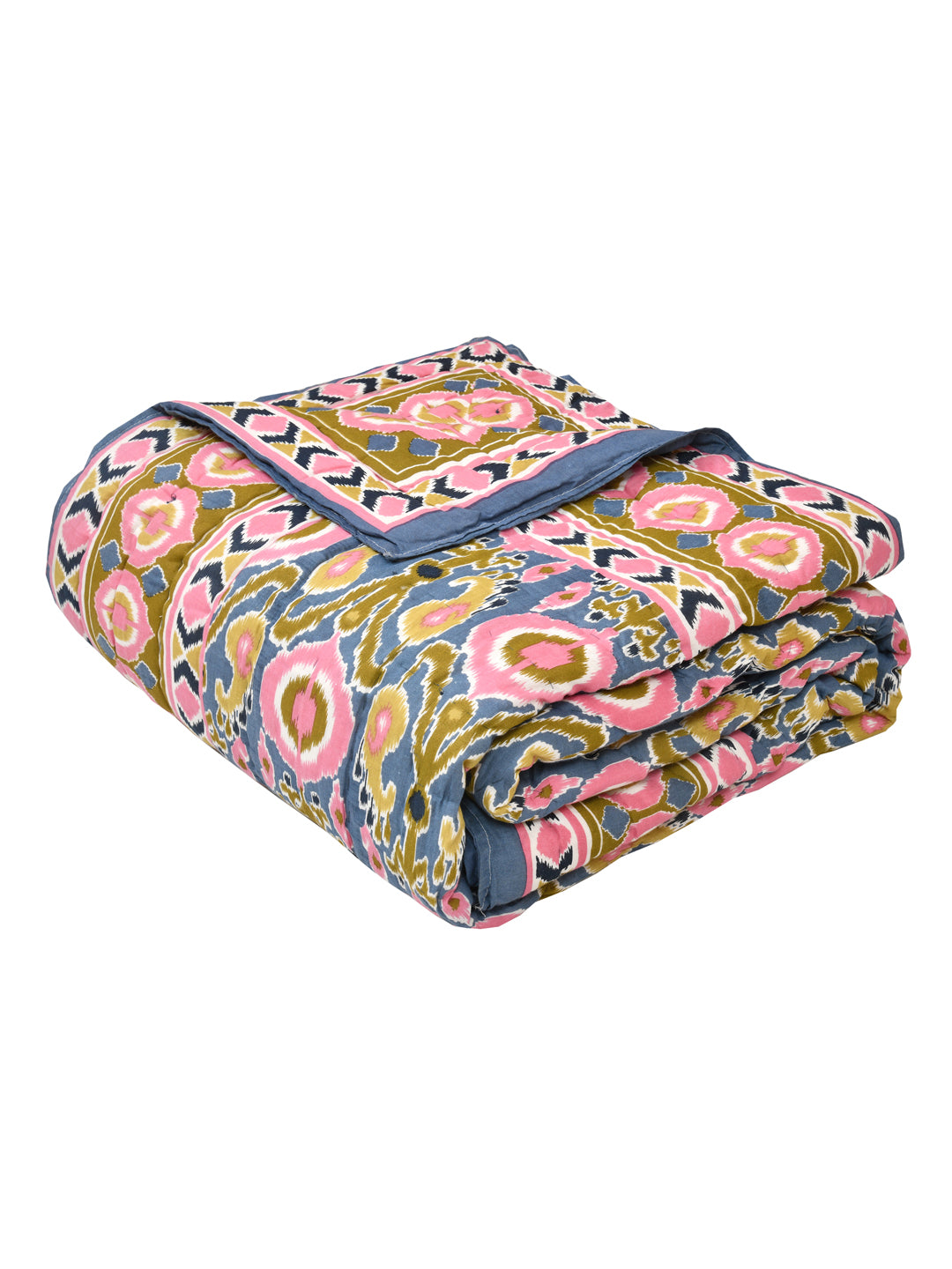 Ikat Printed Reversible Single Bed Cotton Quilt with cotton filling