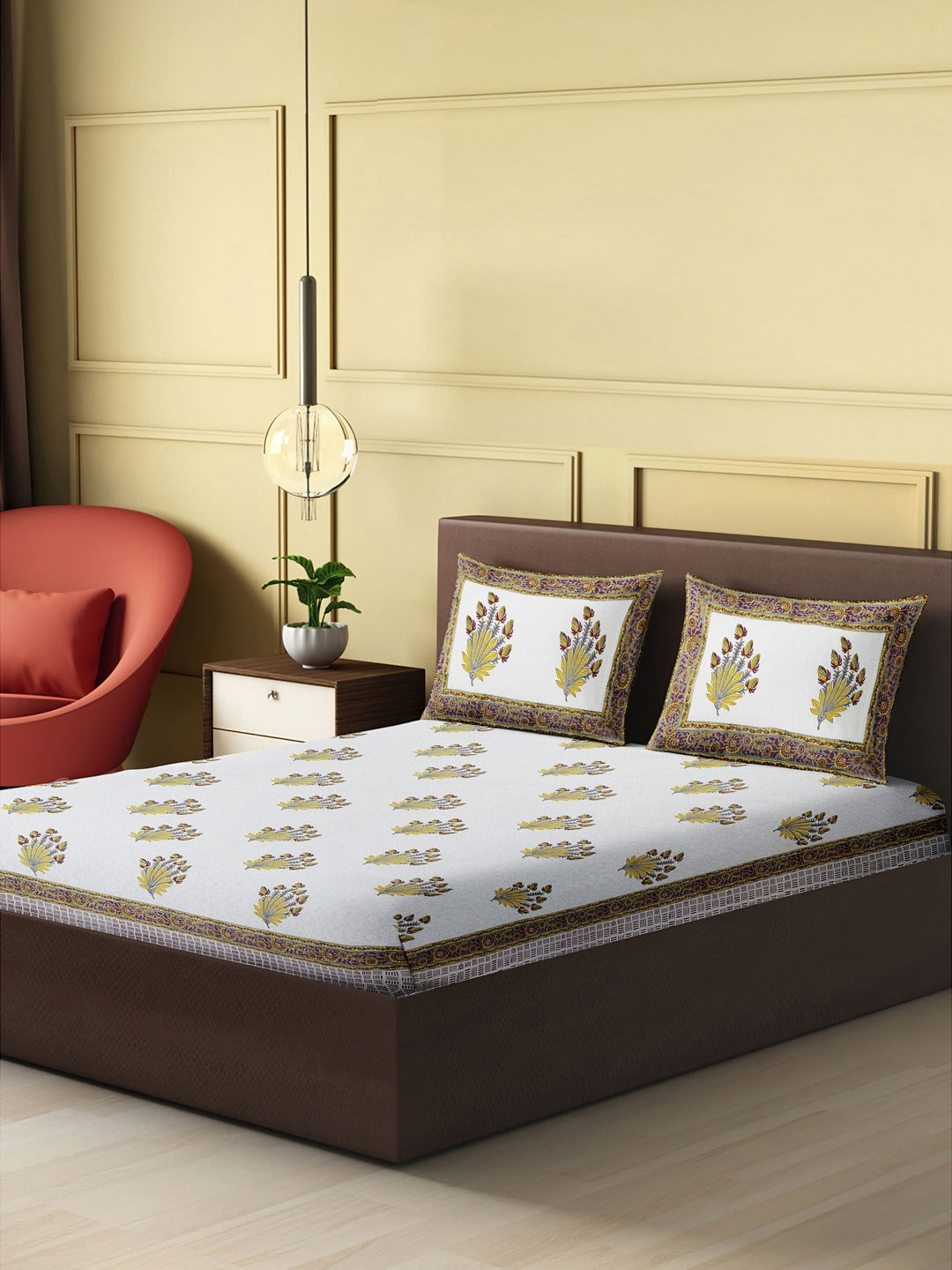 Handblock Printed King Size Bedsheet with 2 Pillow Covers