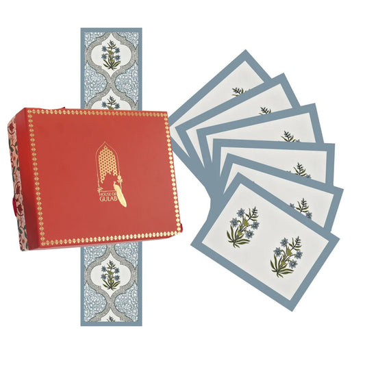 Gift Box with Handblock Printed Canvas Cotton Table Runner & Set Of 6 Mats