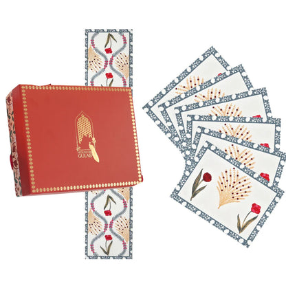 Gift Box with Handblock Printed Canvas Cotton Table Runner & Set Of 6 Mats