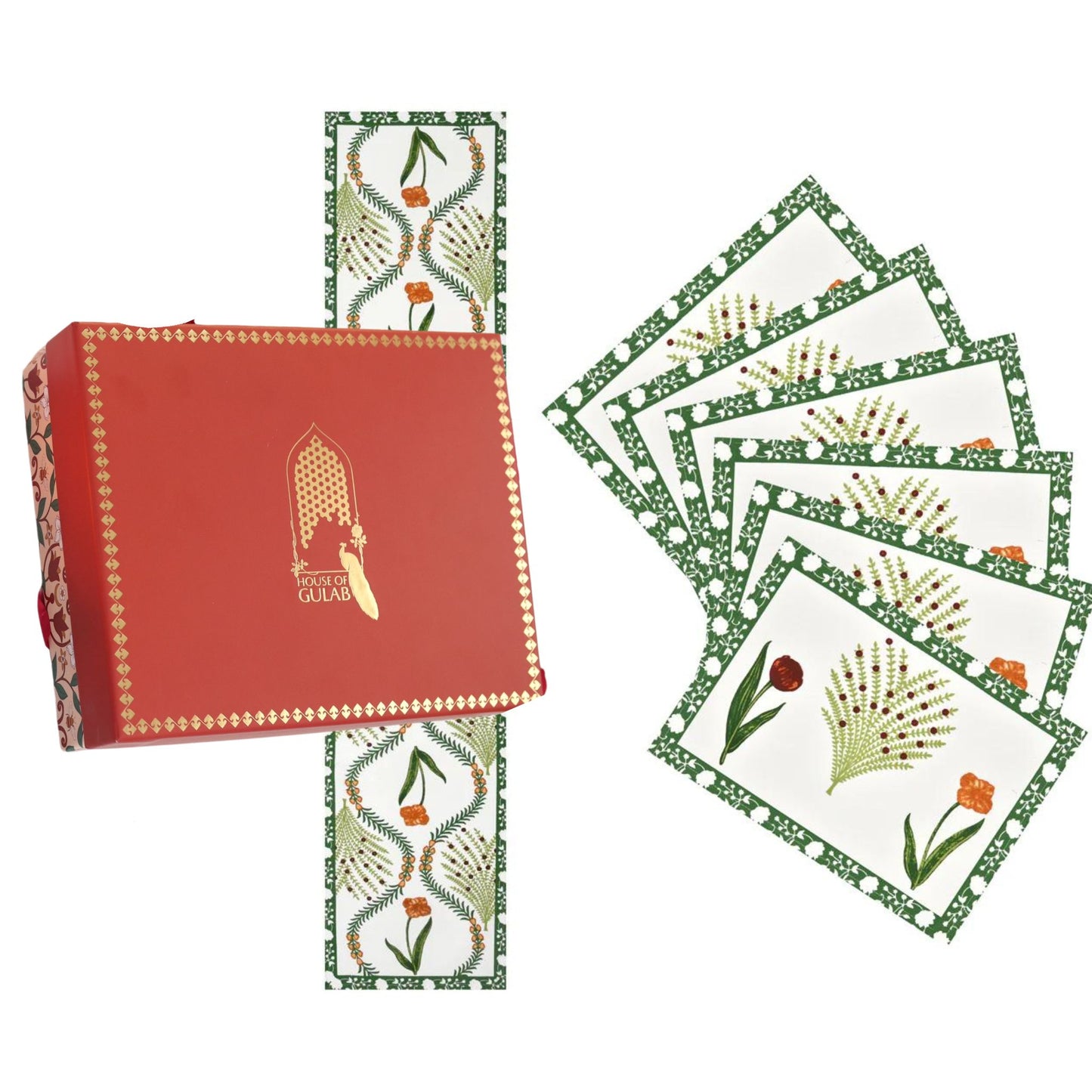 Gift Box with Handblock Printed Canvas Cotton Table Runner & Set Of 6 Mats