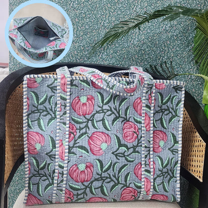 Handblock Printed Quilted Tote Bag with concealed zip ( 17x18x 6 inches)