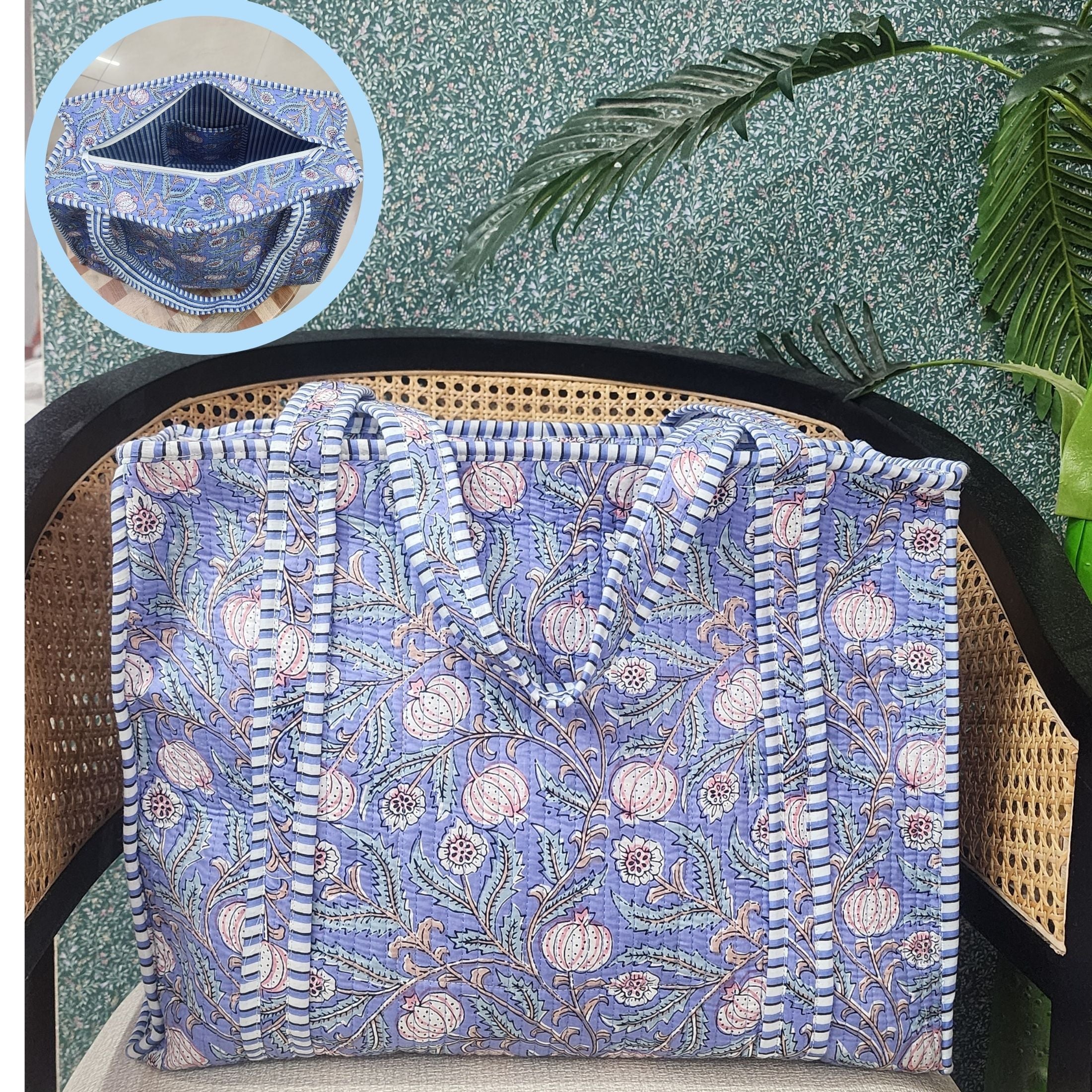 Handblock Printed Quilted Tote Bag with concealed zip ( 17x18x 6 inches)