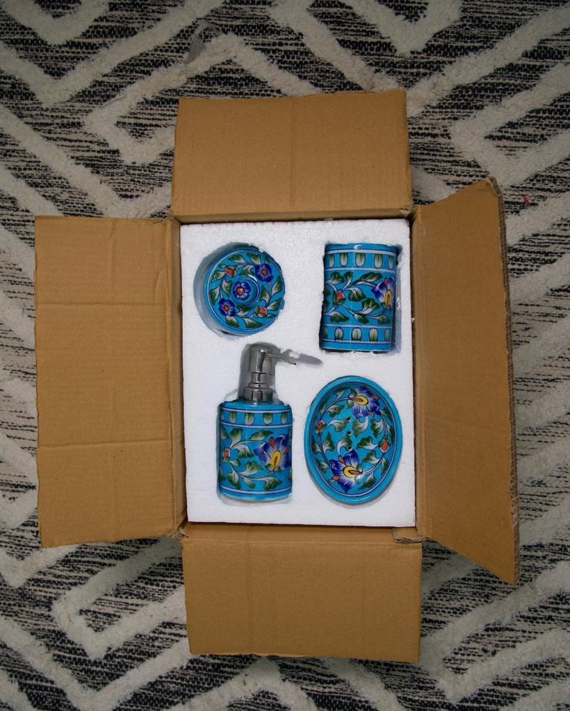 Blue Pottery Bathroom Set of 4 pieces in a gift box