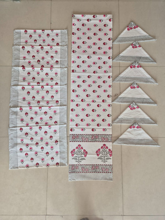 Hand Block Printed Canvas Table Matt Runner & Napkin Set