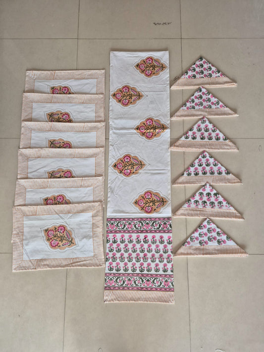 Hand Block Printed Canvas Table Matt Runner & Napkin Set