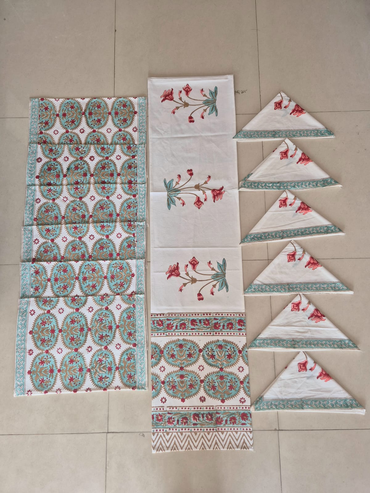 Hand Block Printed Canvas Table Matt Runner & Napkin Set