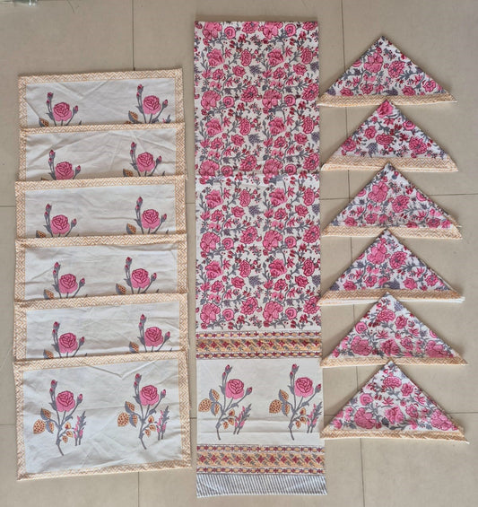 Hand Block Printed Canvas Table Mats Runner & Napkin Set