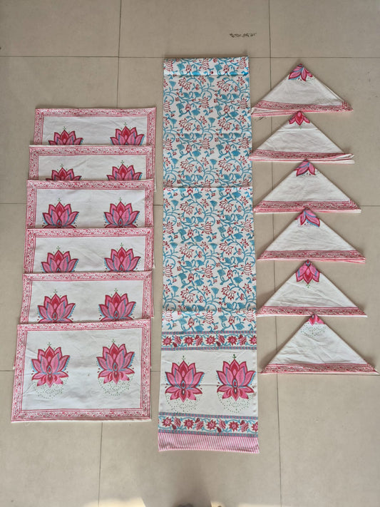 Hand Block Printed Canvas Table Matt Runner & Napkin Set