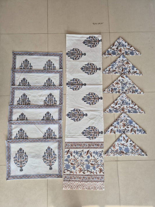 Hand Block Printed Canvas Table Matt Runner & Napkin Set