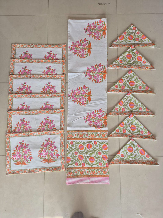 Hand Block Printed Canvas Table Matt Runner & Napkin Set