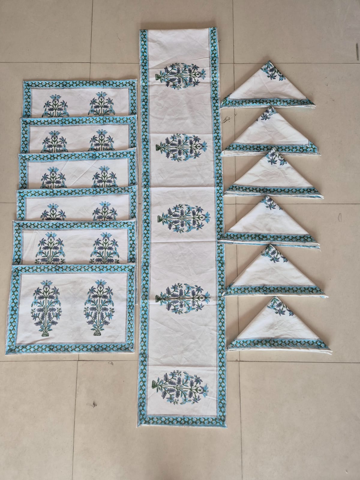 Hand Block Printed Canvas Table Matt Runner & Napkin Set