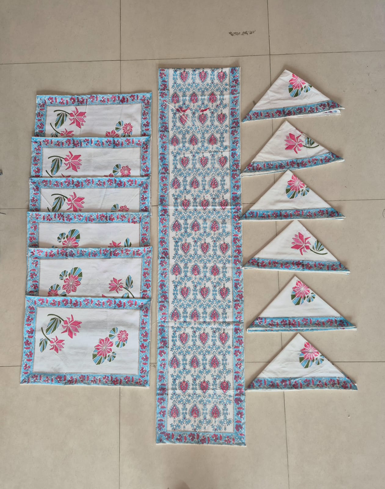 Hand Block Printed Canvas Table Matt Runner & Napkin Set