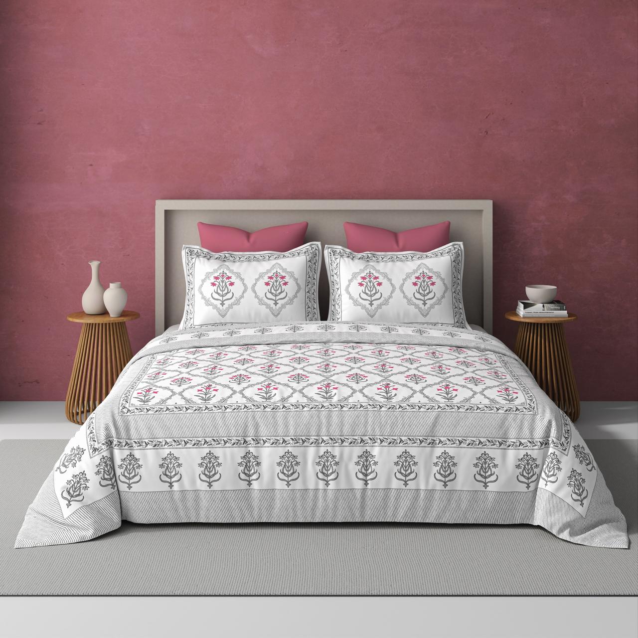 Extra Soft Percale Cotton Super King Handblock Print Bedsheet with 2 Pillow Covers