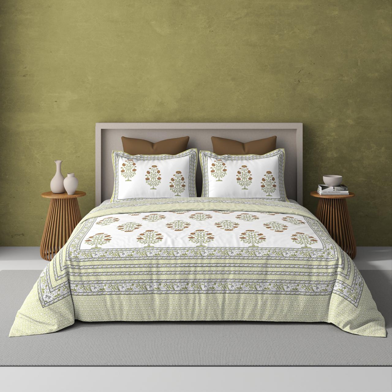 Extra Soft Percale Cotton Super King Handblock Print Bedsheet with 2 Pillow Covers