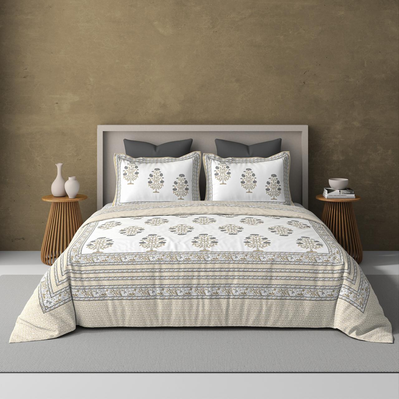 Extra Soft Percale Cotton Super King Handblock Print Bedsheet with 2 Pillow Covers