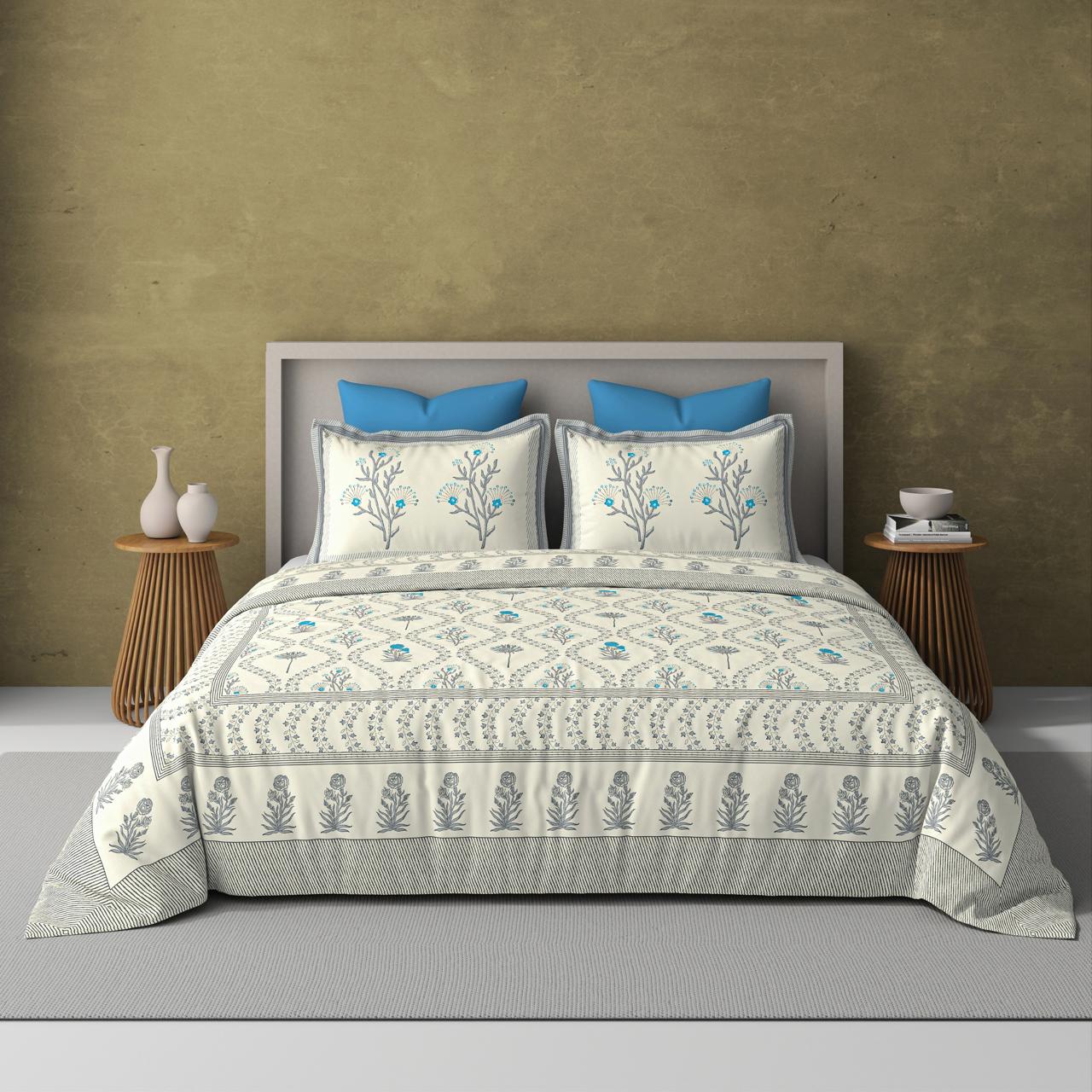 Extra Soft Percale Cotton Super King Handblock Print Bedsheet with 2 Pillow Covers
