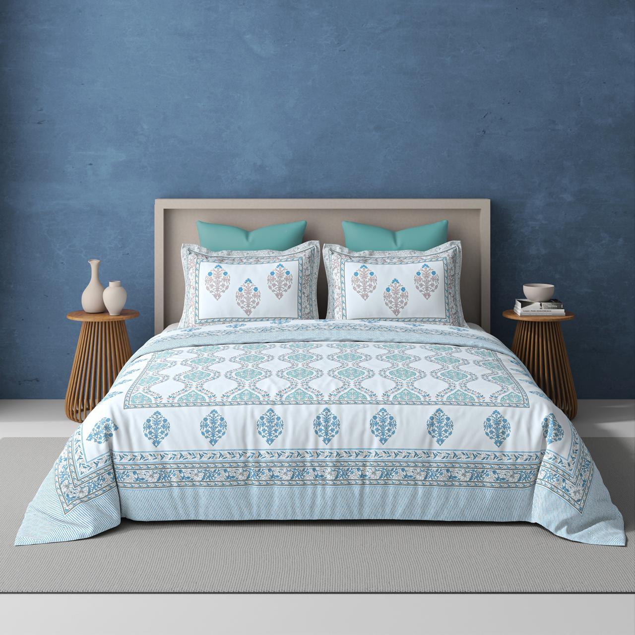 Extra Soft Percale Cotton Super King Handblock Print Bedsheet with 2 Pillow Covers