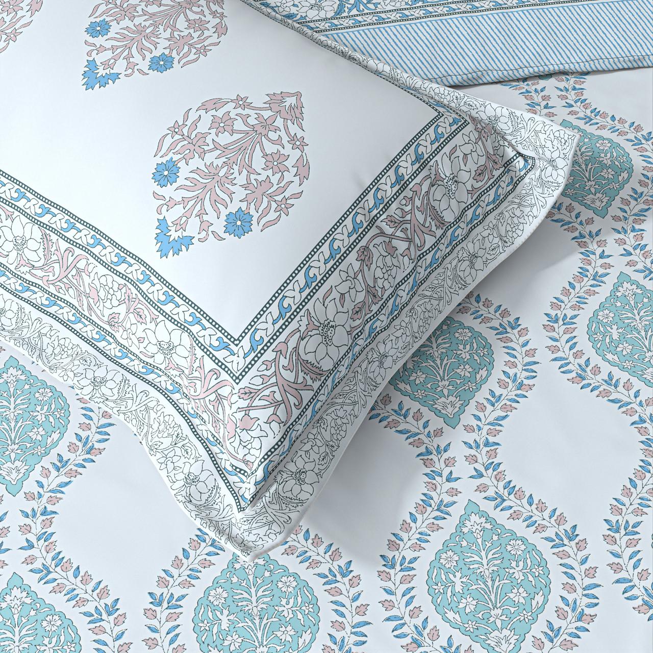 Extra Soft Percale Cotton Super King Handblock Print Bedsheet with 2 Pillow Covers