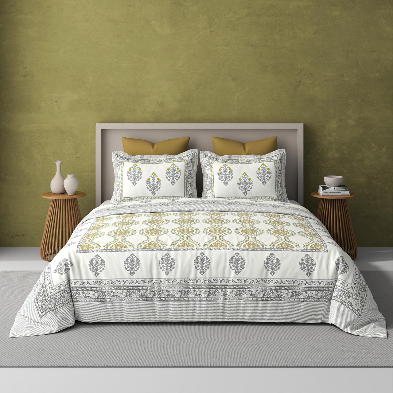 Extra Soft Percale Cotton Super King Handblock Print Bedsheet with 2 Pillow Covers