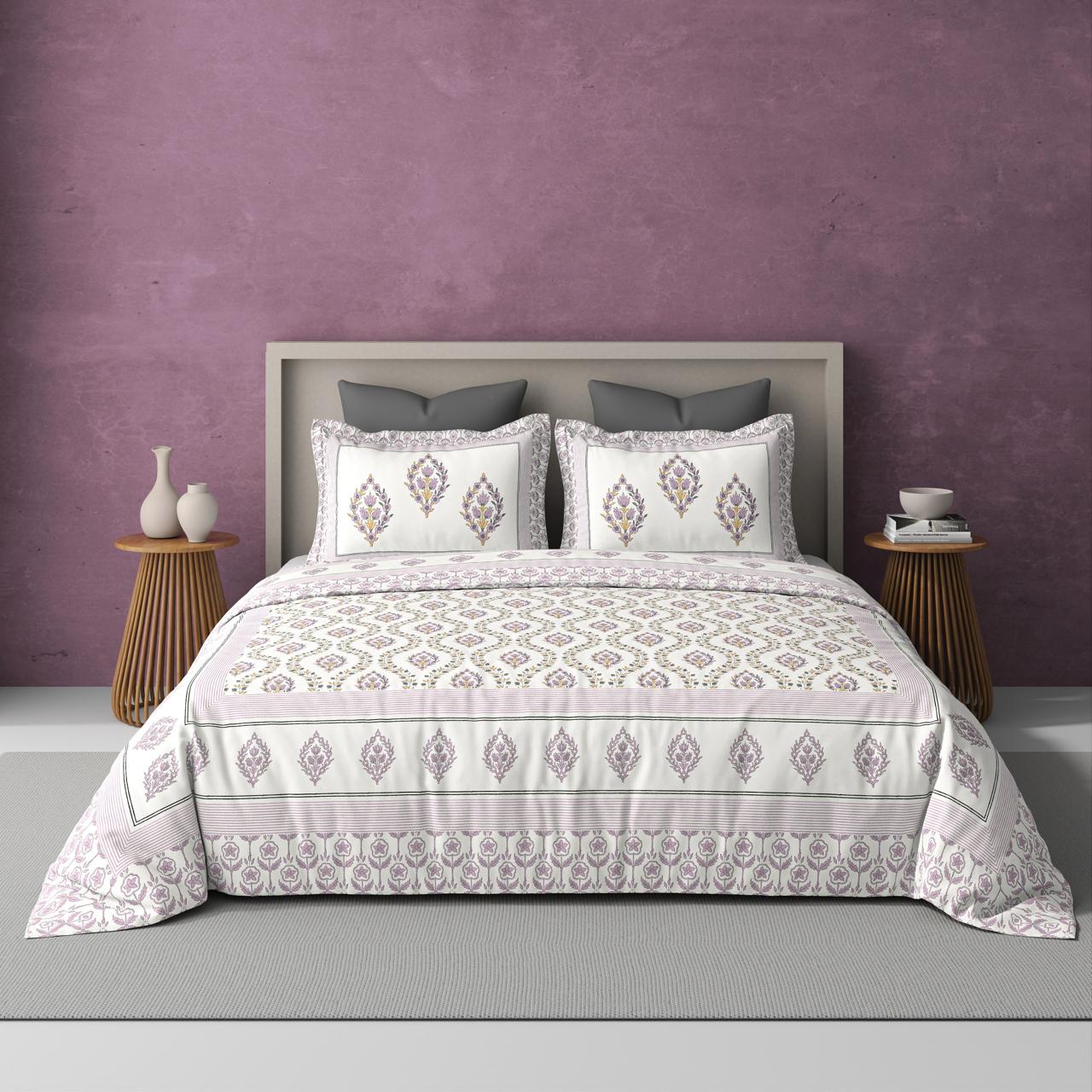 Extra Soft Percale Cotton Super King Handblock Print Bedsheet with 2 Pillow Covers