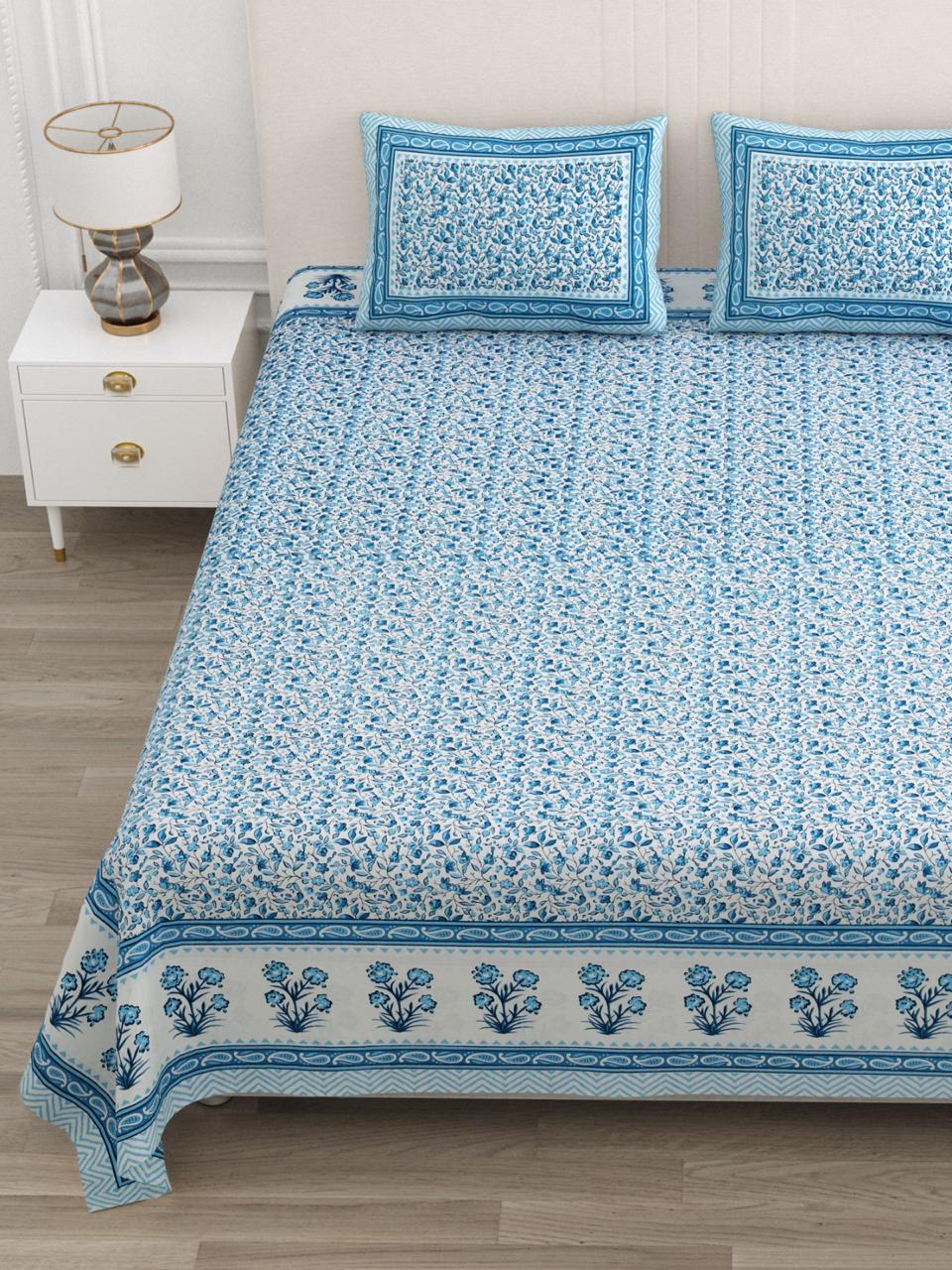 Floral Print Cotton Double King Bedsheet with 2 Pillow Covers