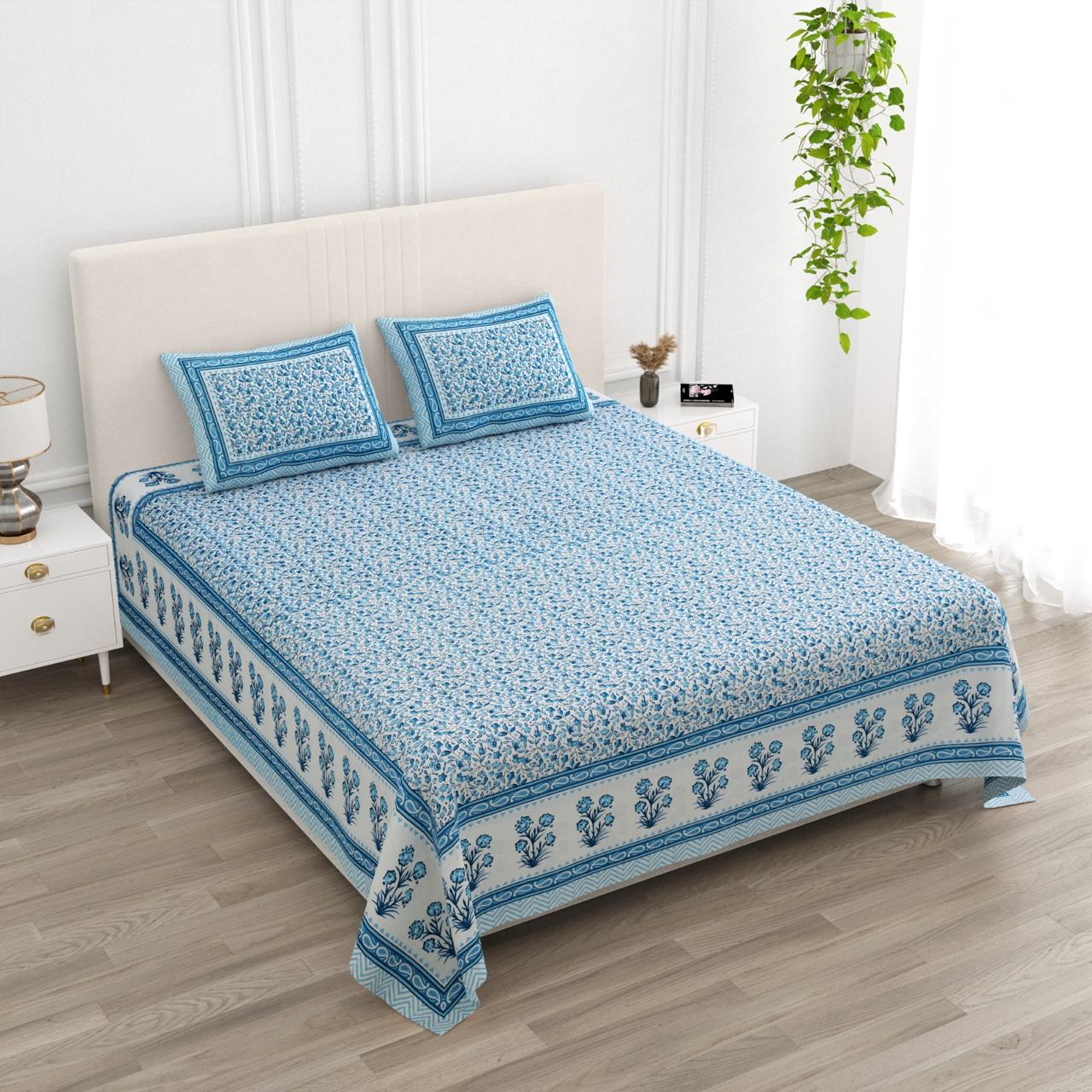 Floral Print Cotton Double King Bedsheet with 2 Pillow Covers