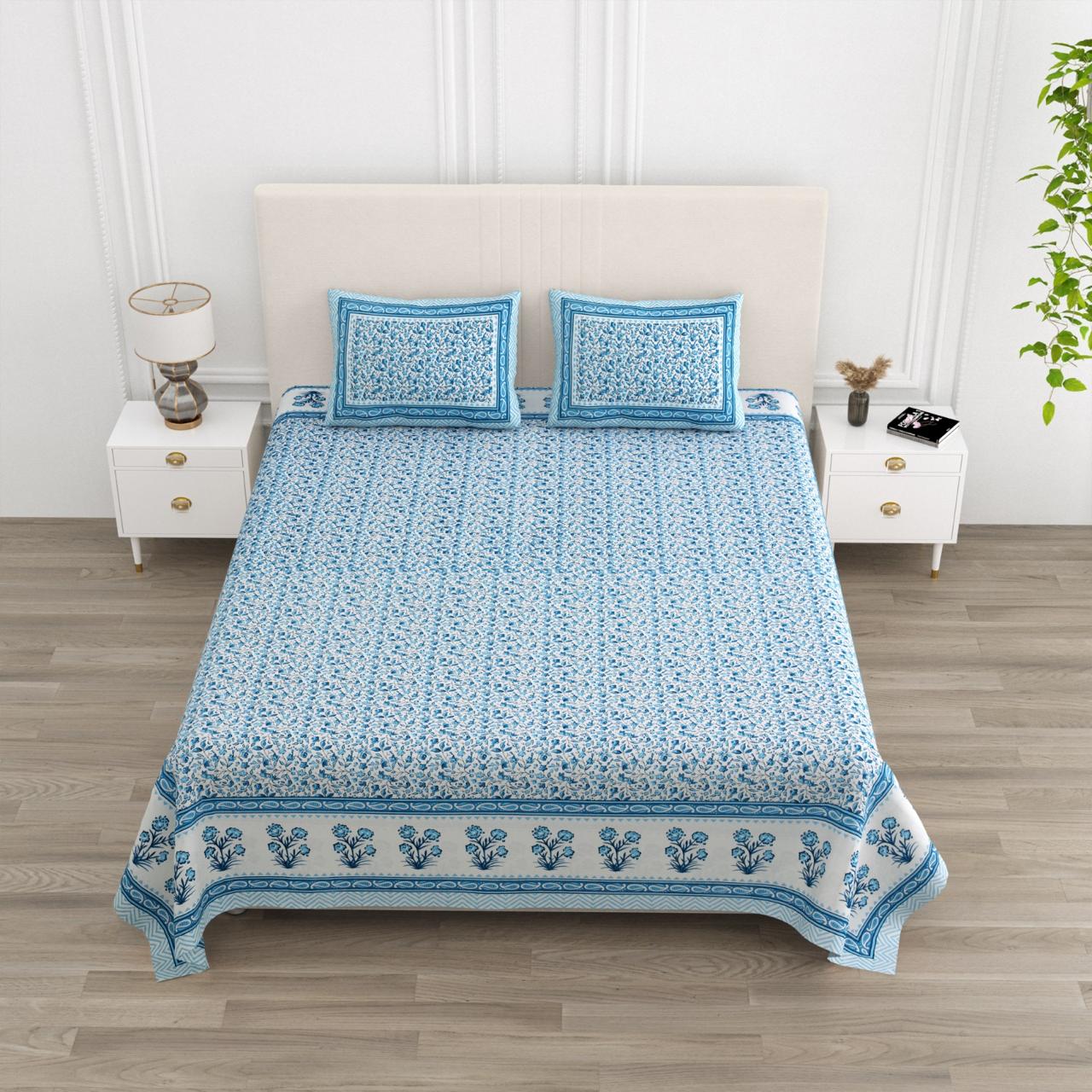 Floral Print Cotton Double King Bedsheet with 2 Pillow Covers