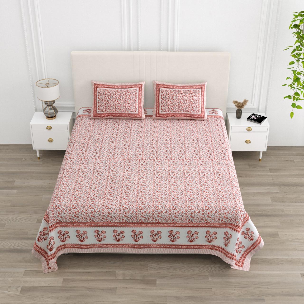 Floral Print Cotton Double King Bedsheet with 2 Pillow Covers