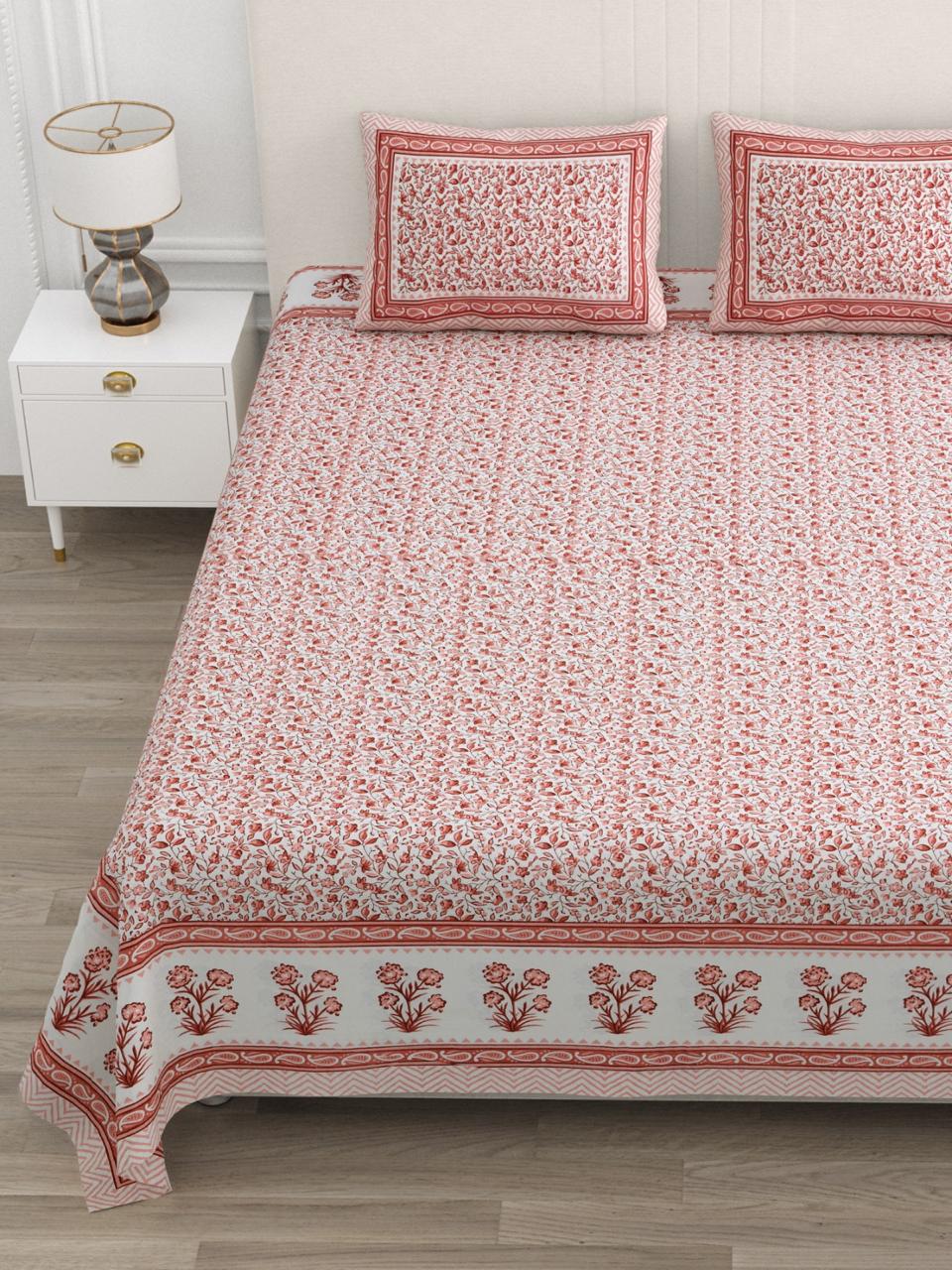 Floral Print Cotton Double King Bedsheet with 2 Pillow Covers
