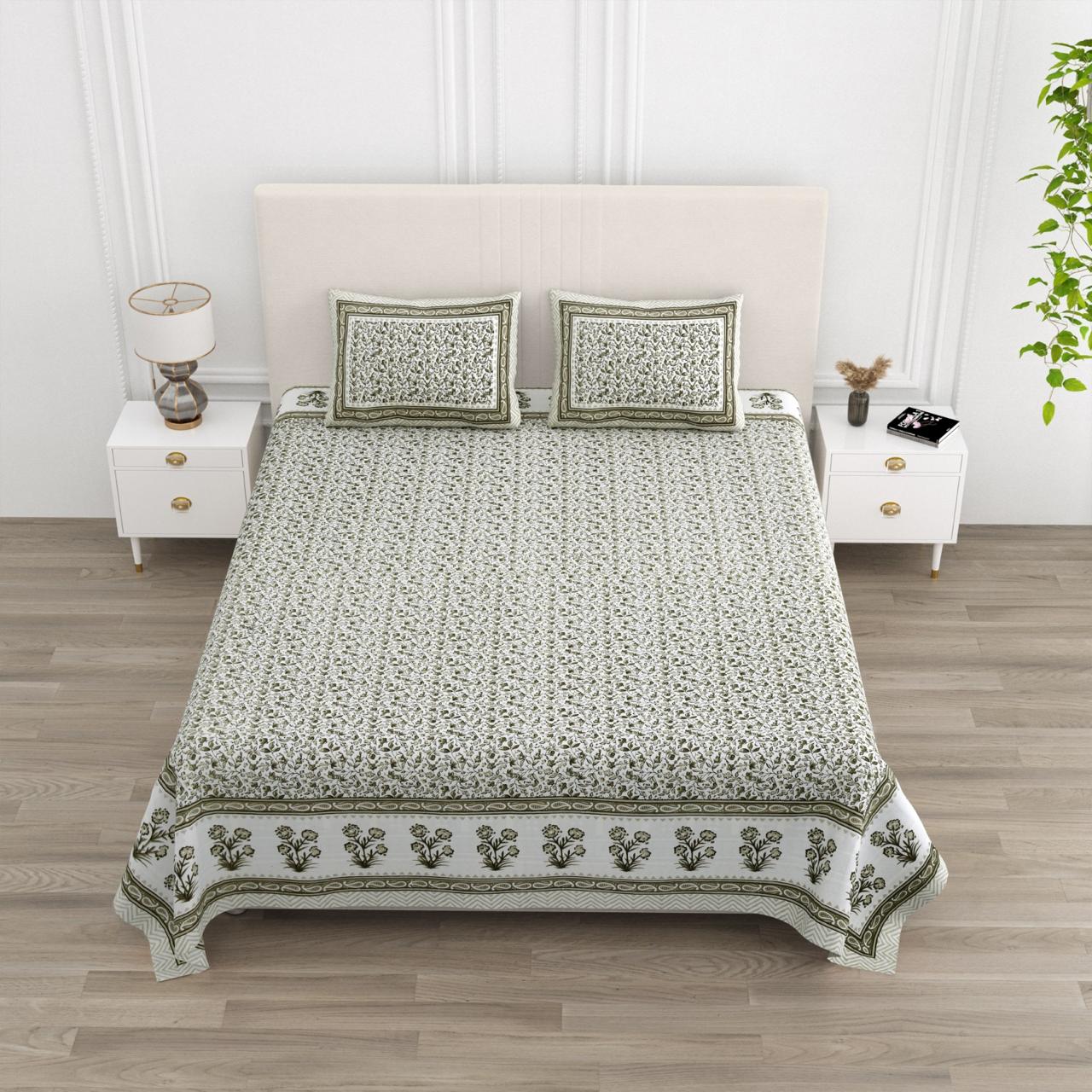 Floral Print Cotton Double King Bedsheet with 2 Pillow Covers