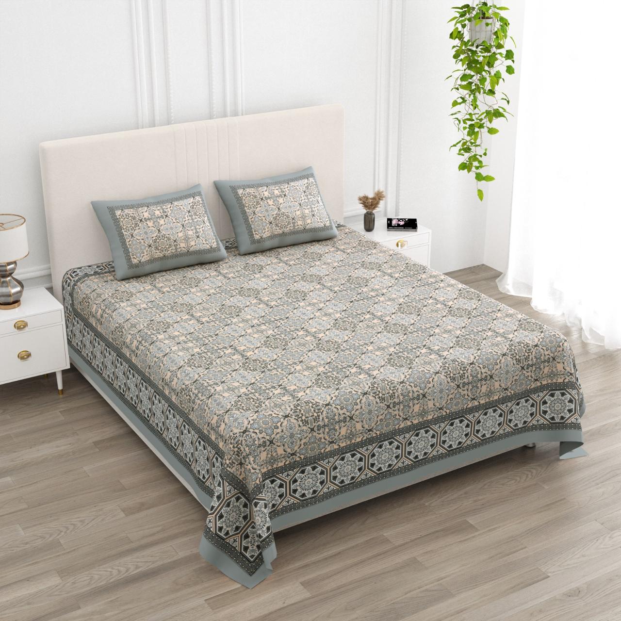 Floral Print Cotton Double King Bedsheet with 2 Pillow Covers