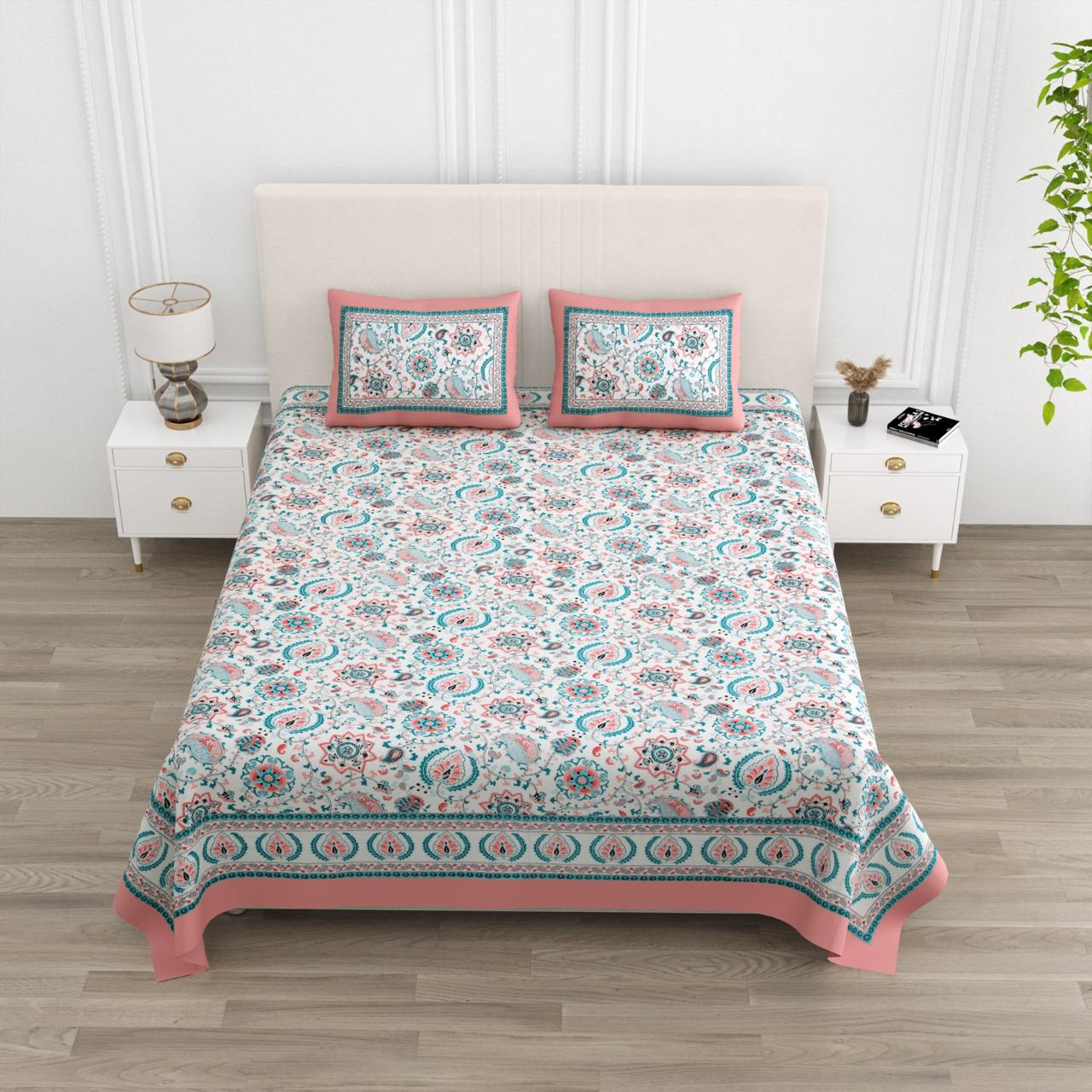 Floral Print Cotton Double King Bedsheet with 2 Pillow Covers