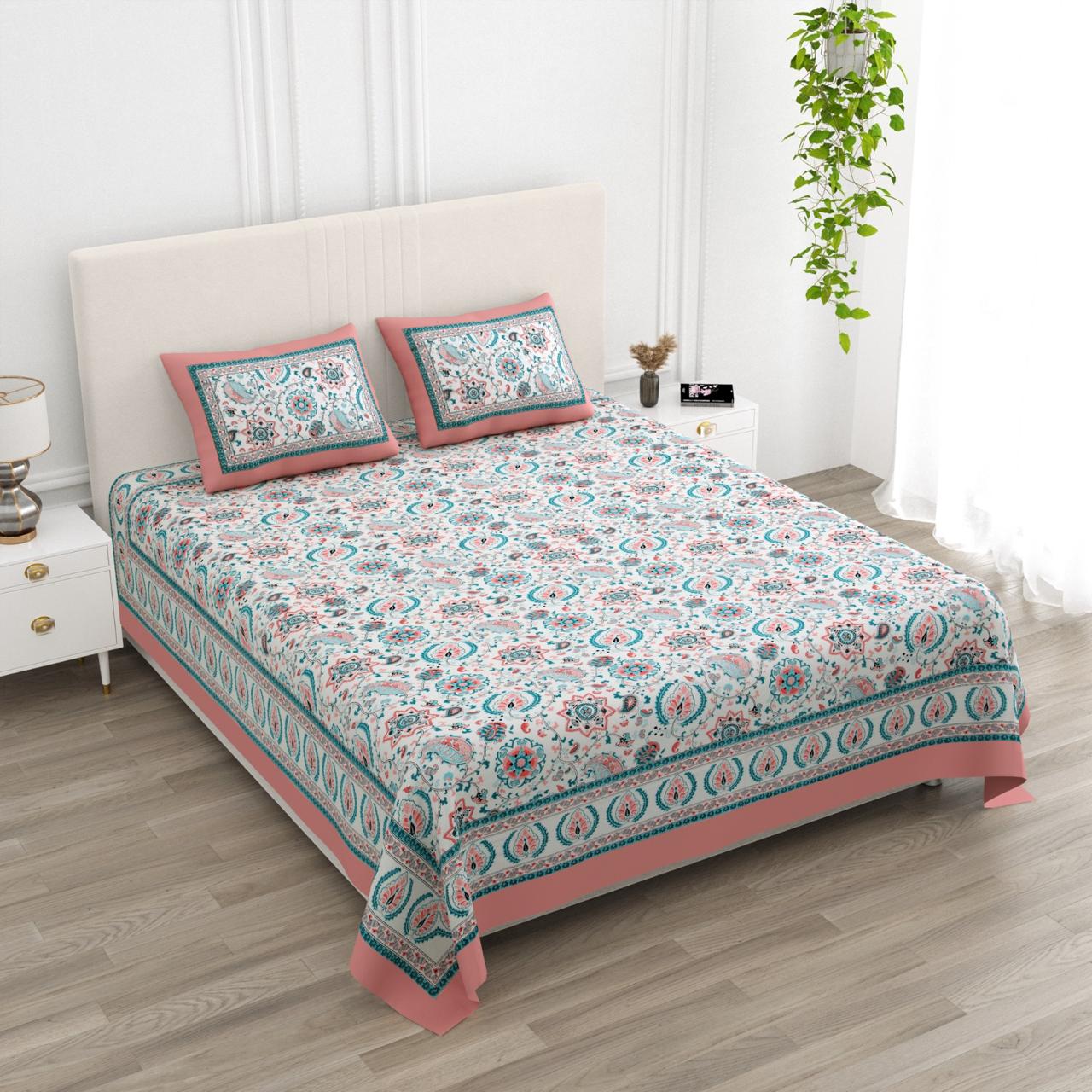 Floral Print Cotton Double King Bedsheet with 2 Pillow Covers