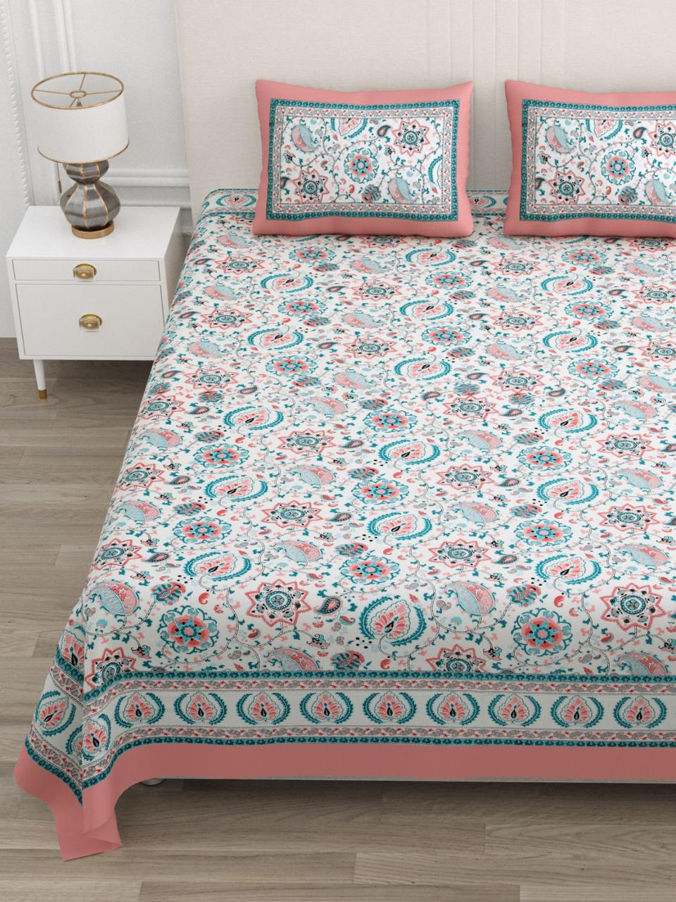 Floral Print Cotton Double King Bedsheet with 2 Pillow Covers
