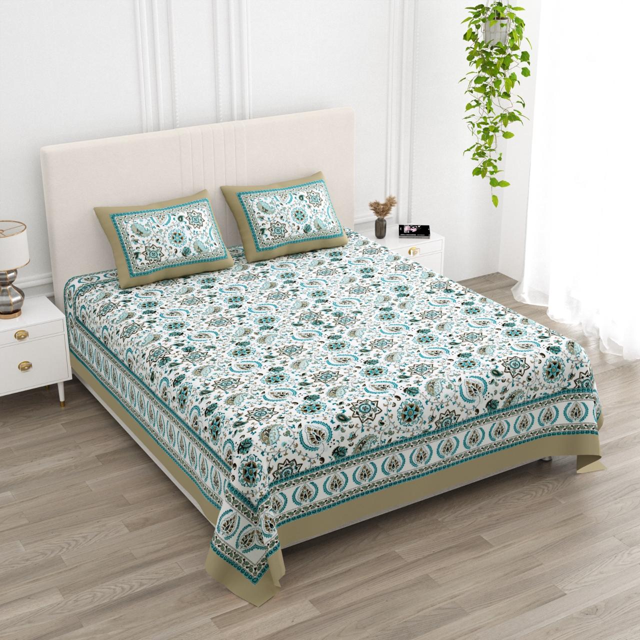 Floral Print Cotton Double King Bedsheet with 2 Pillow Covers