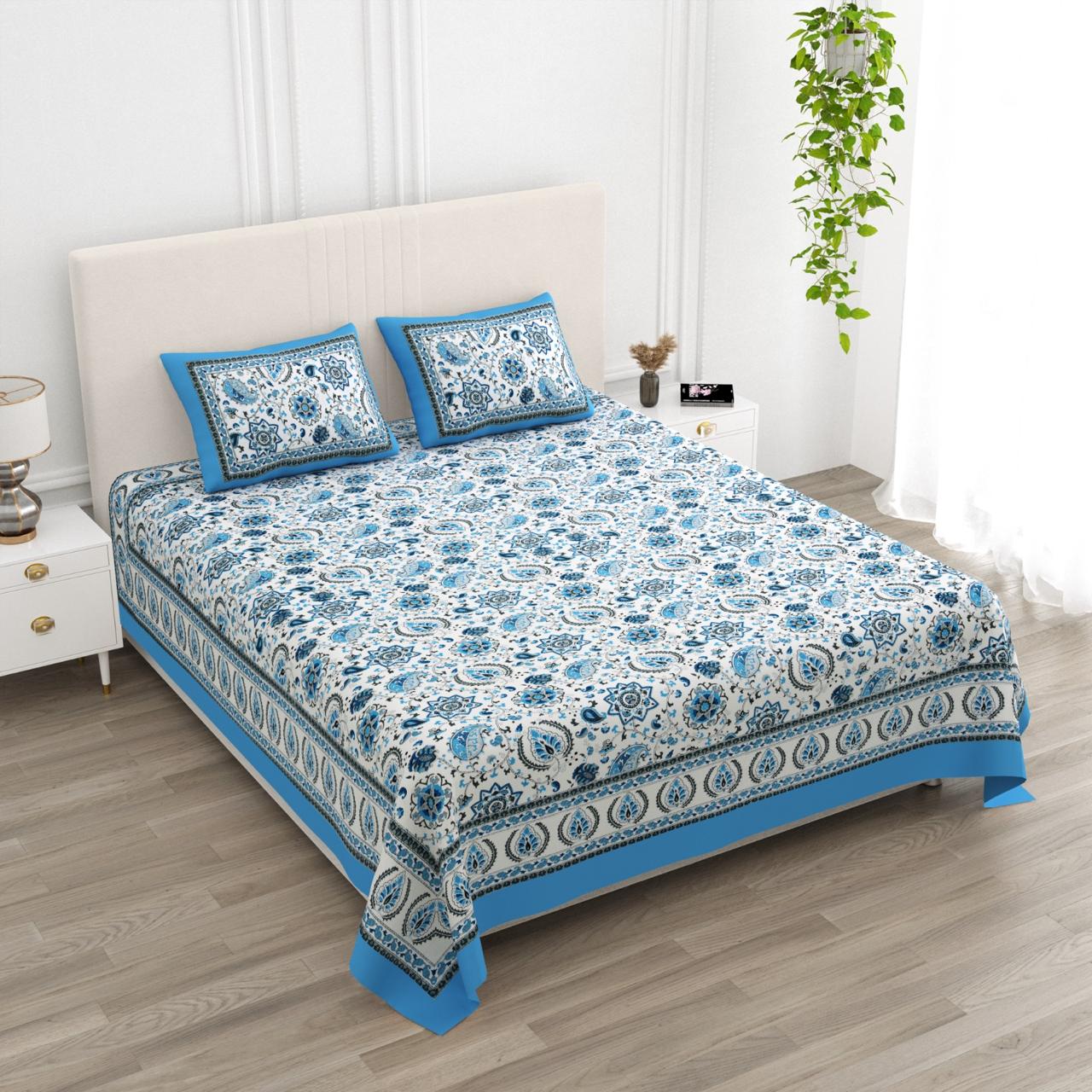 Floral Print Cotton Double King Bedsheet with 2 Pillow Covers