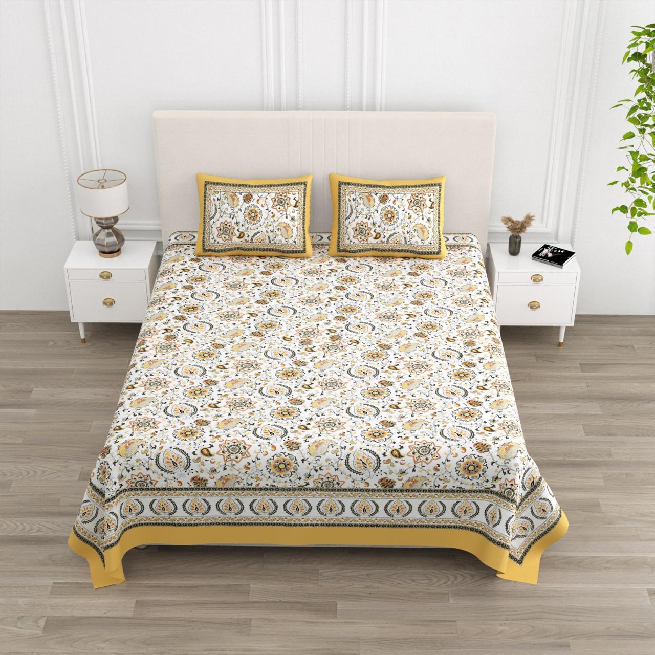 Floral Print Cotton Double King Bedsheet with 2 Pillow Covers