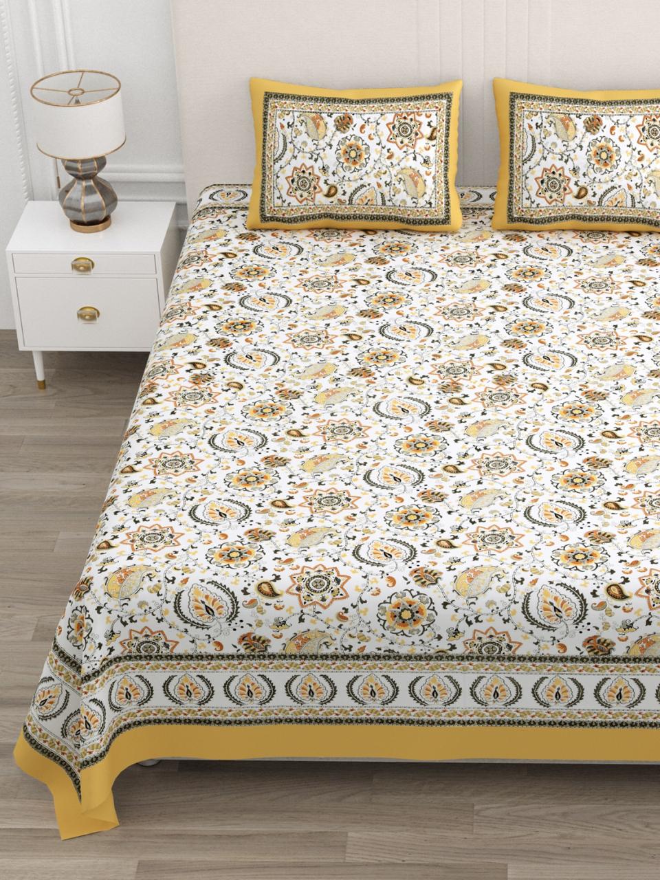 Floral Print Cotton Double King Bedsheet with 2 Pillow Covers