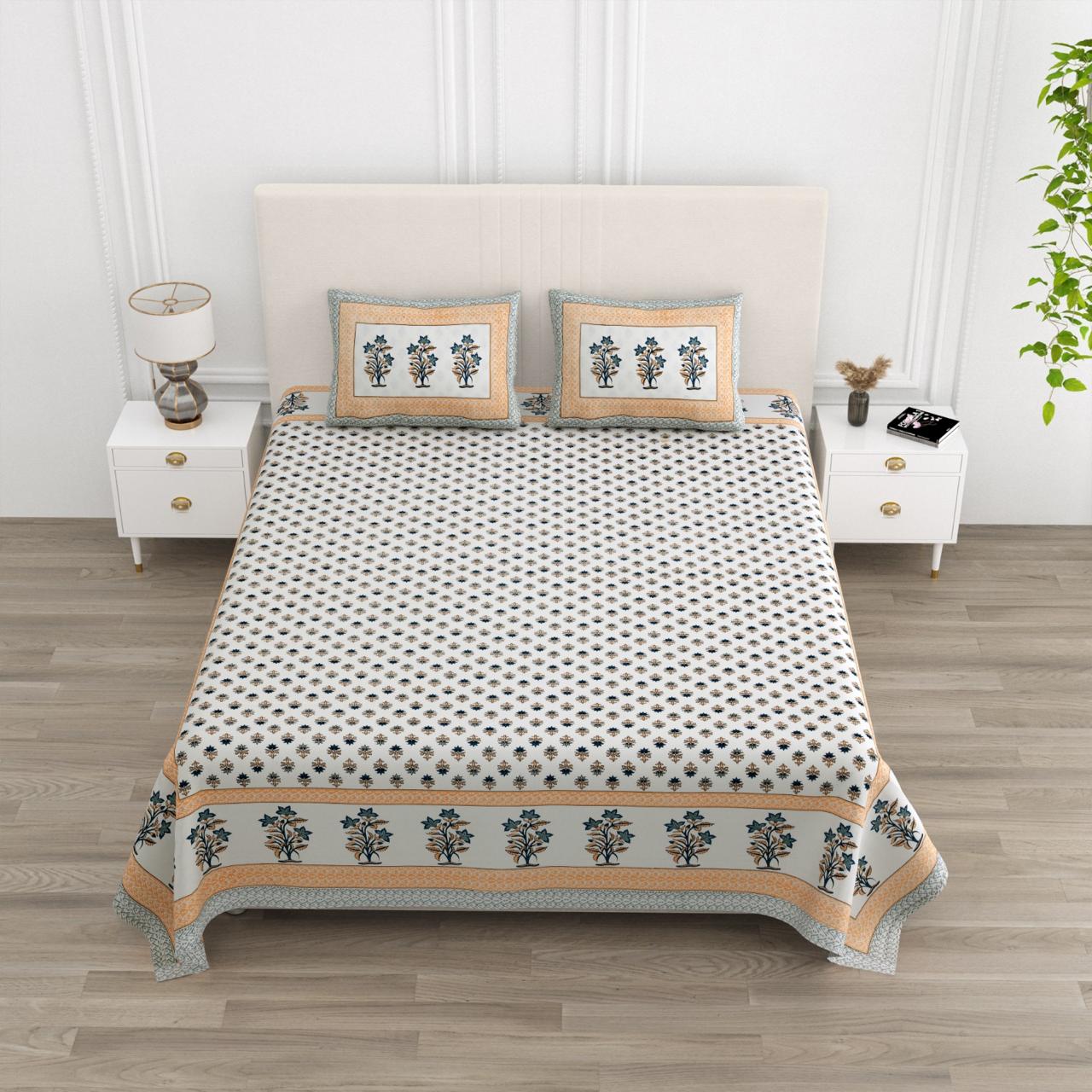 Floral Print Cotton Double King Bedsheet with 2 Pillow Covers