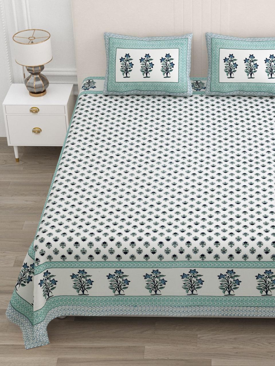 Floral Print Cotton Double King Bedsheet with 2 Pillow Covers