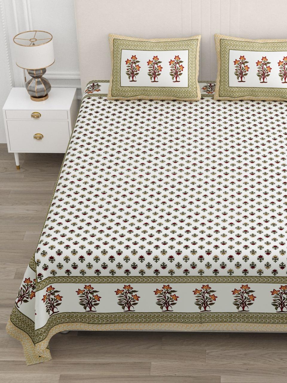 Floral Print Cotton Double King Bedsheet with 2 Pillow Covers