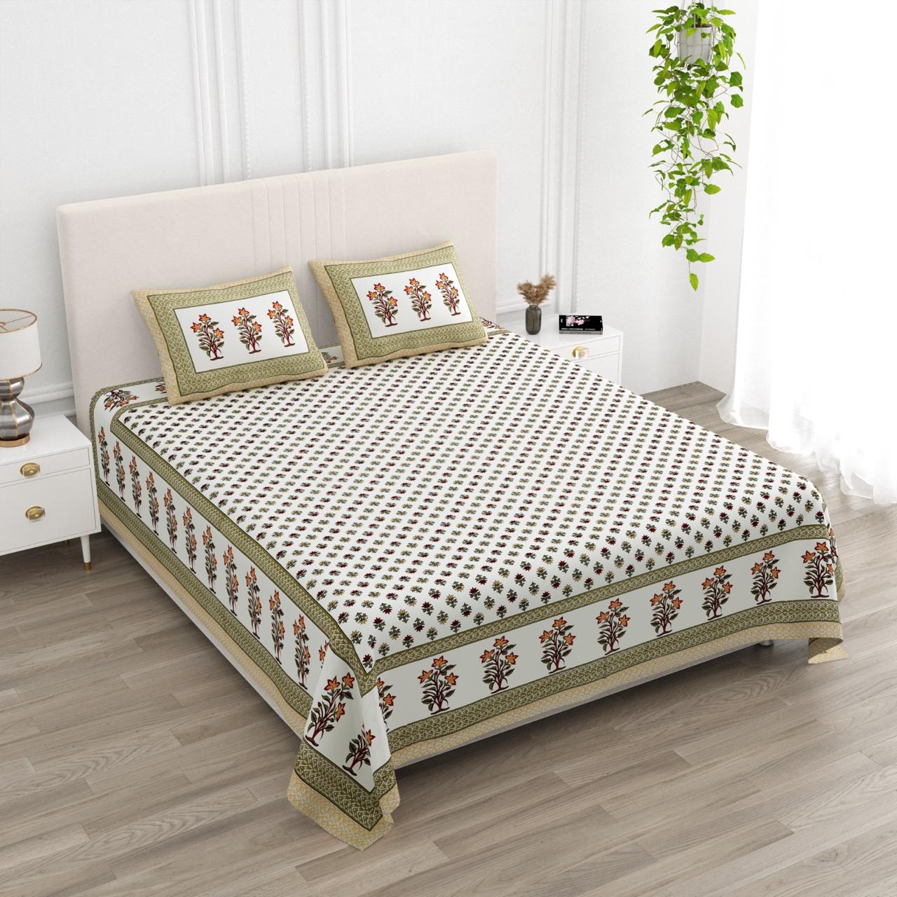 Floral Print Cotton Double King Bedsheet with 2 Pillow Covers