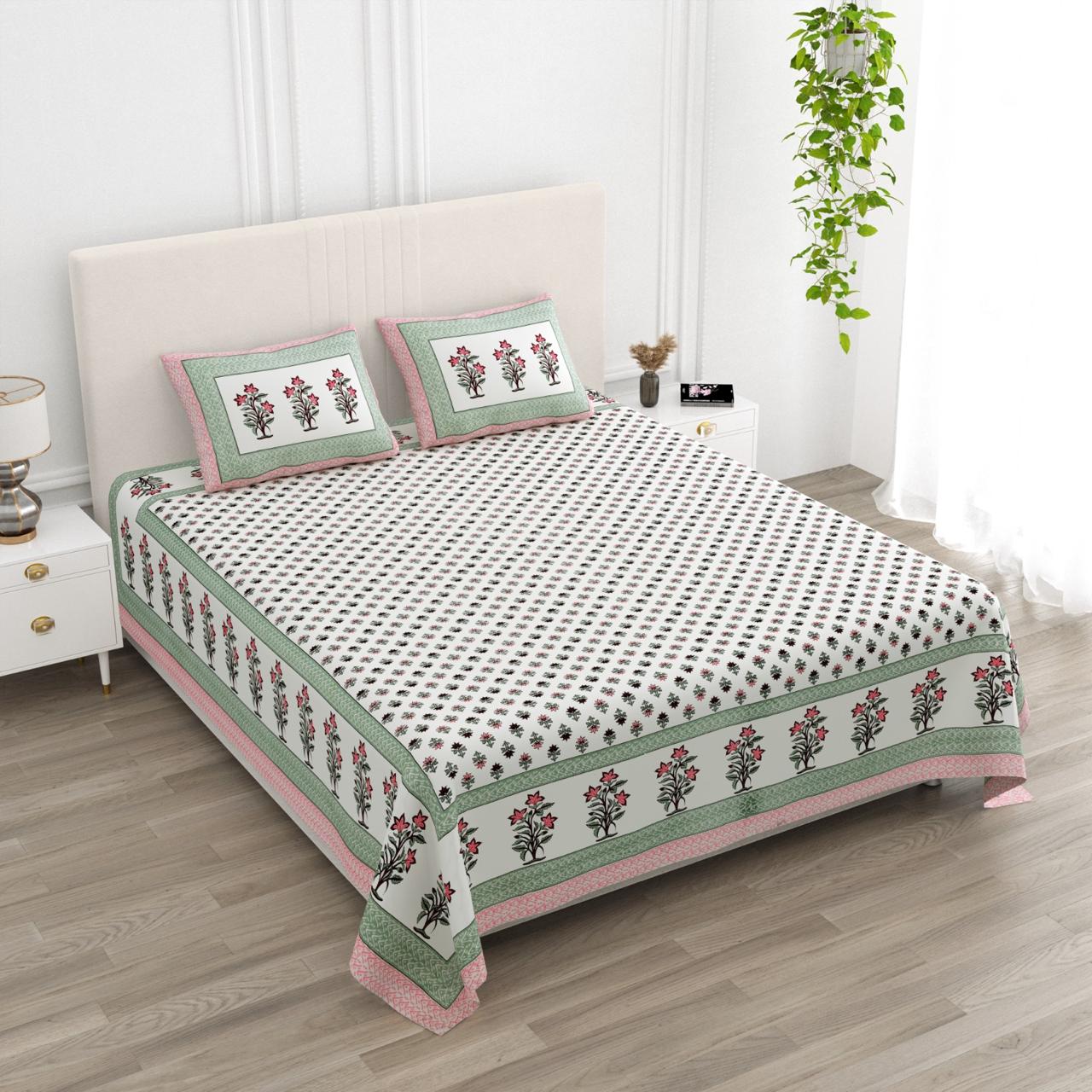 Floral Print Cotton Double King Bedsheet with 2 Pillow Covers