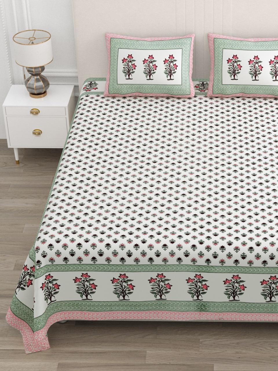 Floral Print Cotton Double King Bedsheet with 2 Pillow Covers