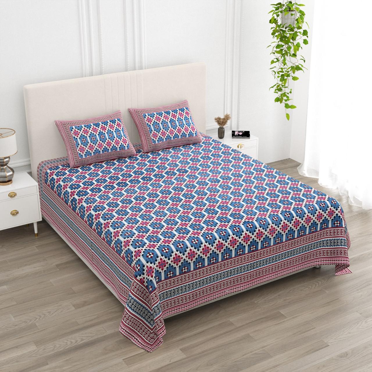 Floral Print Cotton Double King Bedsheet with 2 Pillow Covers