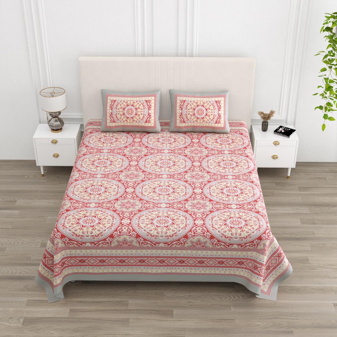 Floral Print Cotton Double King Bedsheet with 2 Pillow Covers
